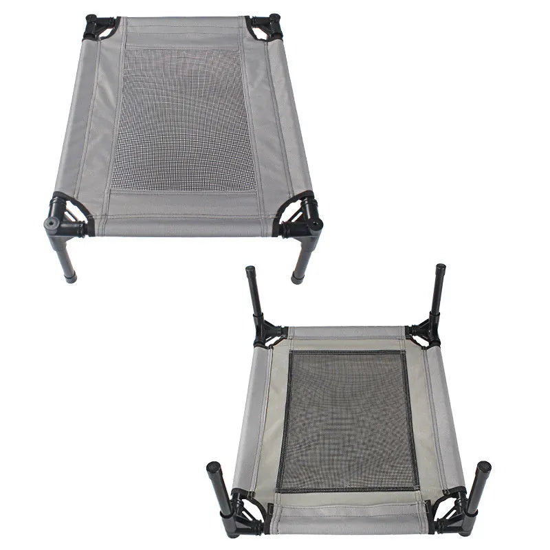 Black outdoor portable dog bed with steel frame and removable Oxford cloth cover.