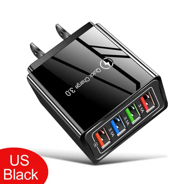 Black and white multi-port USB wall charger with luminous light indicator and UK three-pin plug