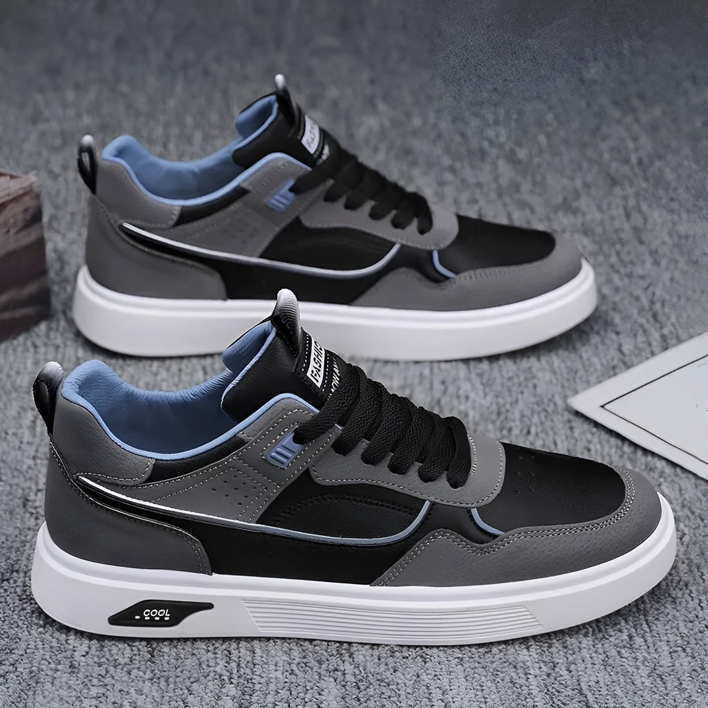 Men's breathable canvas board shoes in black, beige, and grey with mesh lining and low-top design