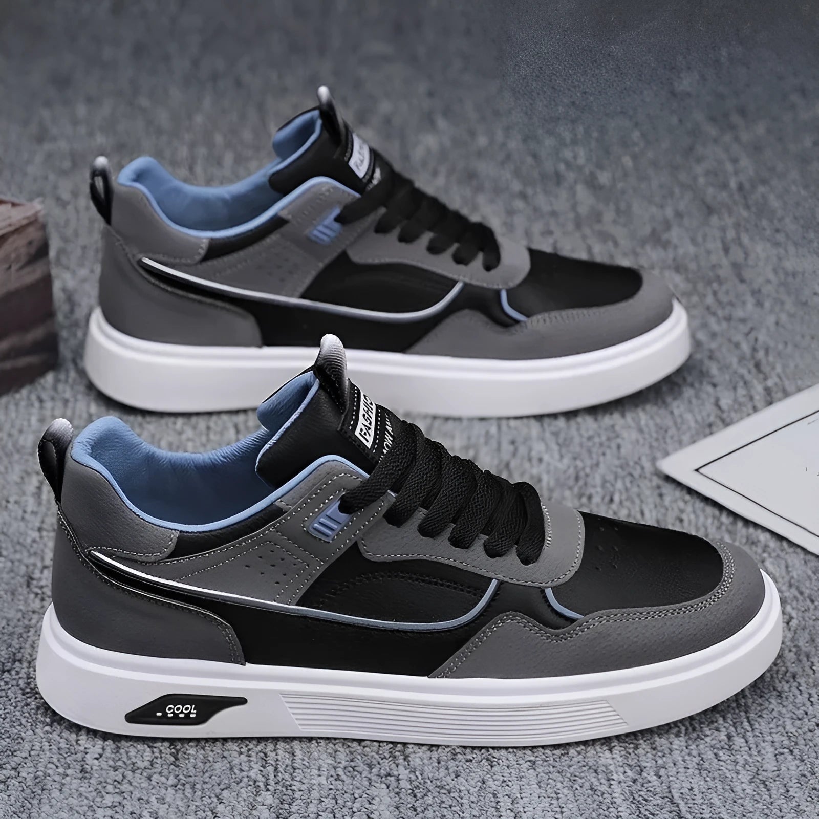 Men's breathable canvas board shoes in black, beige, and grey with mesh lining and low-top design