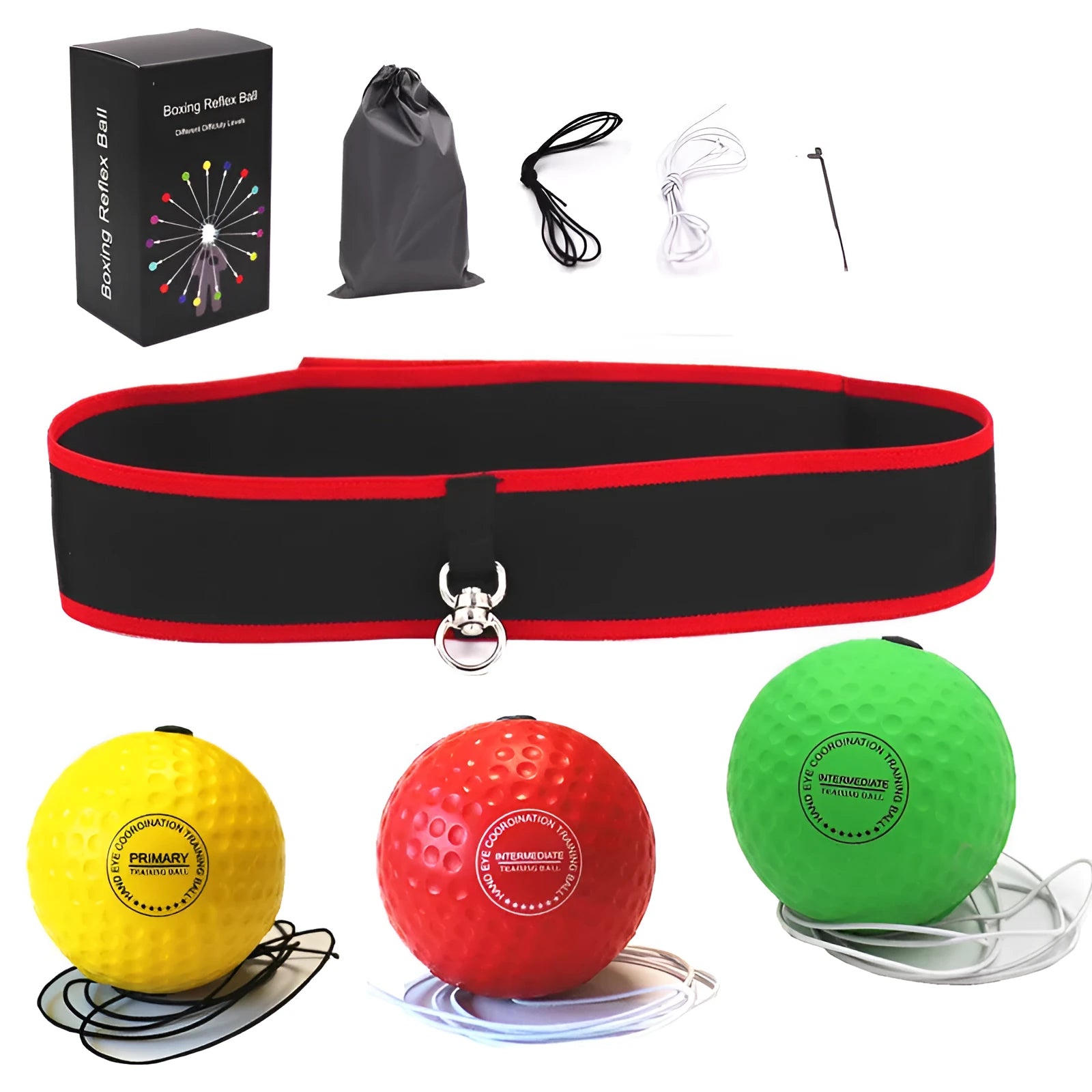 Boxing reaction ball attached to adjustable headband, PU material, multiple colour options, with cloth bag for storage