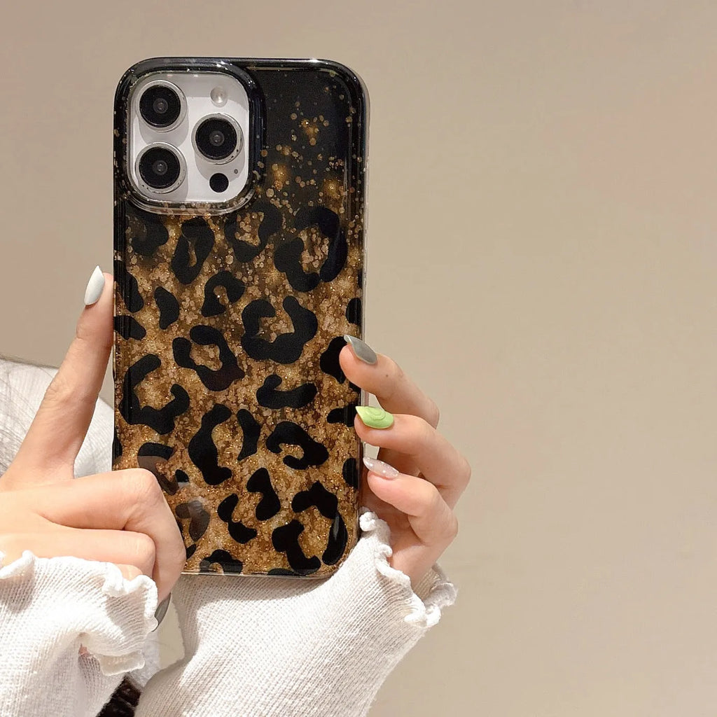 Black gold leopard print IMD phone case for iPhone 13 Pro Max, anti-fall design, personalised hot girl style