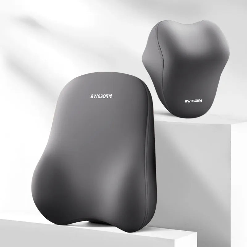Y-black automotive headrest and lumbar support pillow set with memory foam filler on a car seat