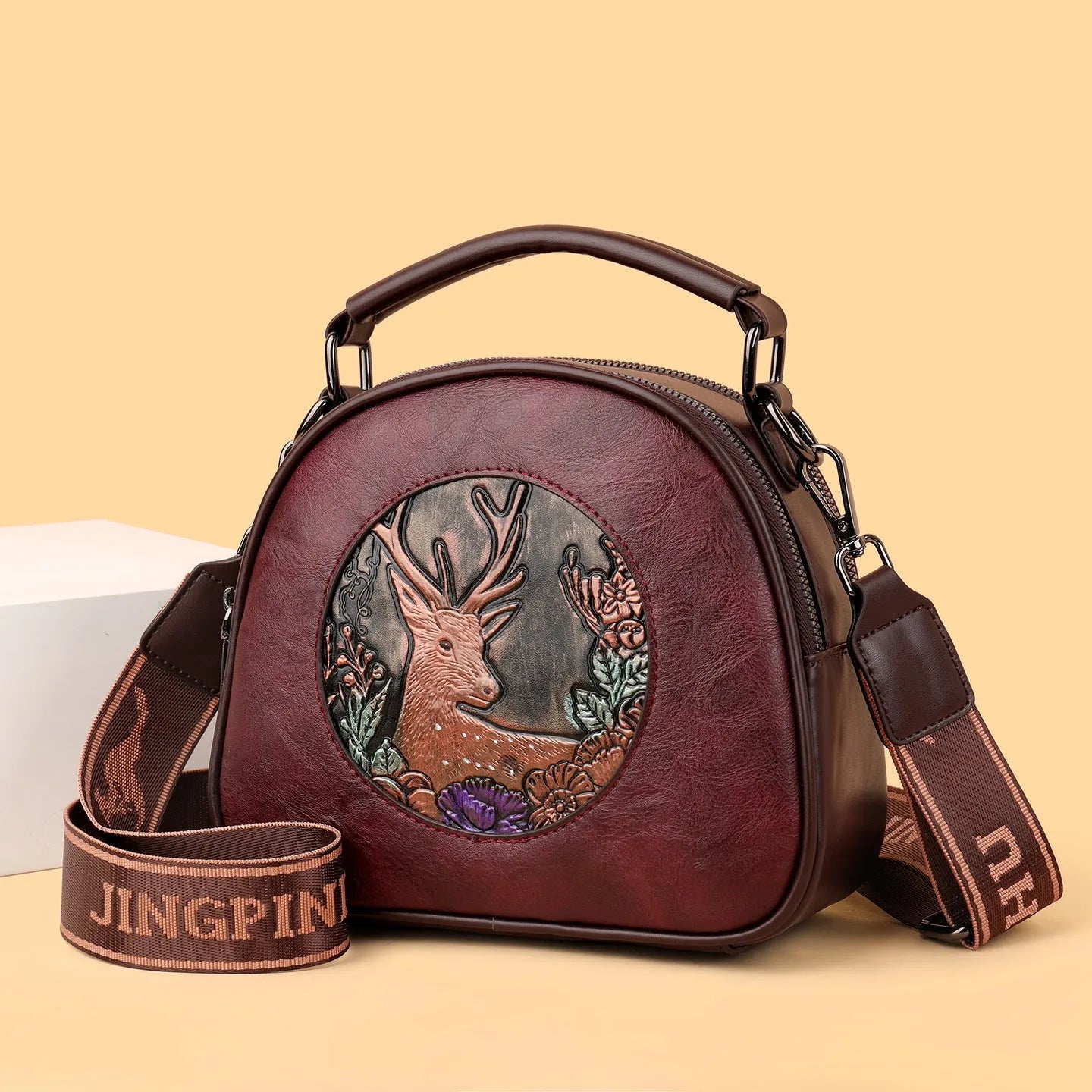 Retro embossing large capacity women's handbag in black with plaid and chain details, PU material, horizontal square shape