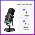 Dynamic noise reduction microphone in black with white shock mount bracket and included XLR and USB cables