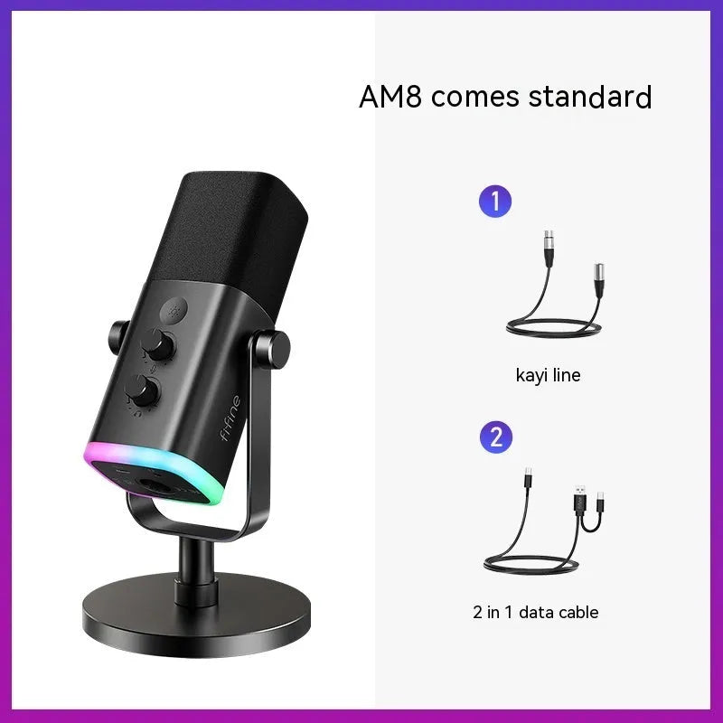Dynamic noise reduction microphone in black with white shock mount bracket and included XLR and USB cables