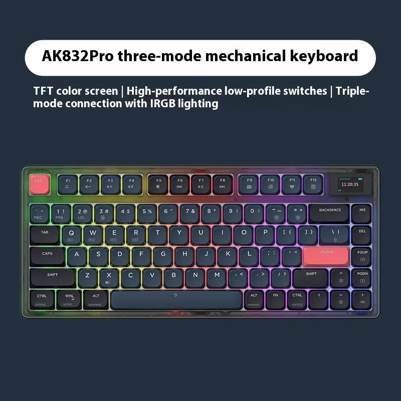 AJAZZ AK832PRO three-mode mechanical keyboard with colour screen and RGB lighting on desk