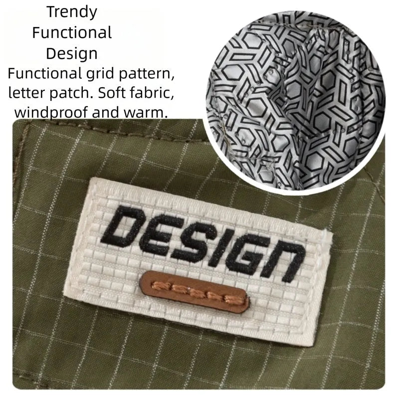 Khaki plaid and beige padded dog windbreaker with built-in leash ring and zipper pocket