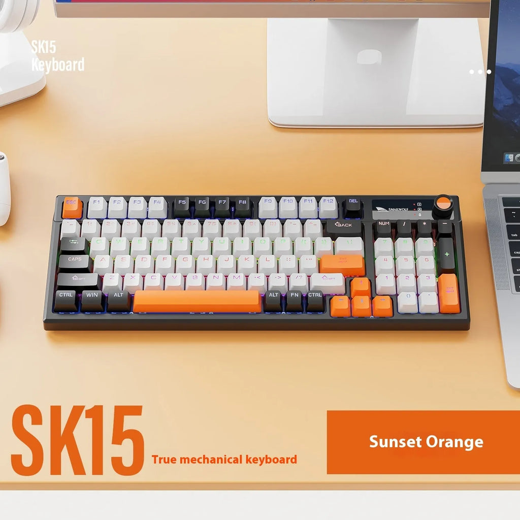 SK15 wired mechanical gaming keyboard with control knob in Black, Sunset Orange, or Autumn Water Blue colour.