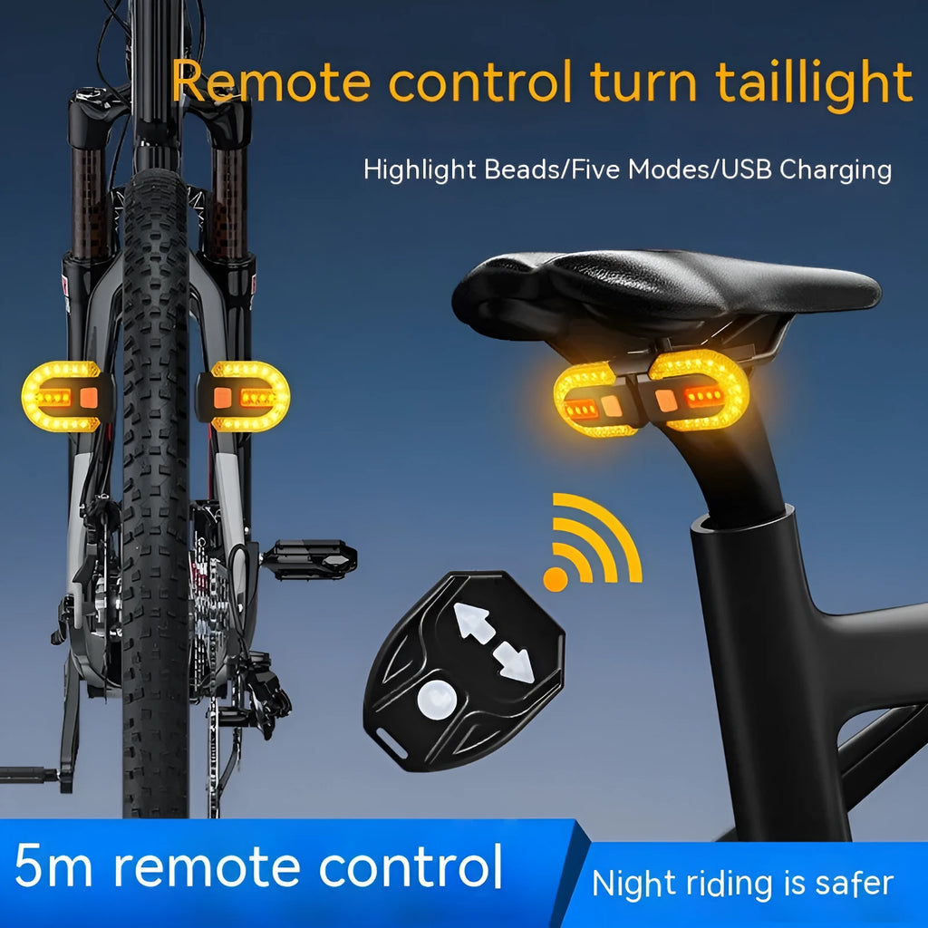 Black wireless remote control bicycle taillight with turn signals and USB charging cable