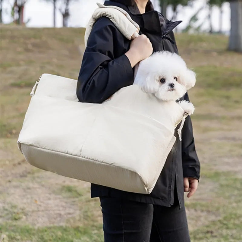 Dog car seat pet carrier with adjustable safety leash in beige waterproof quilted fabric for small dogs up to 10 pounds