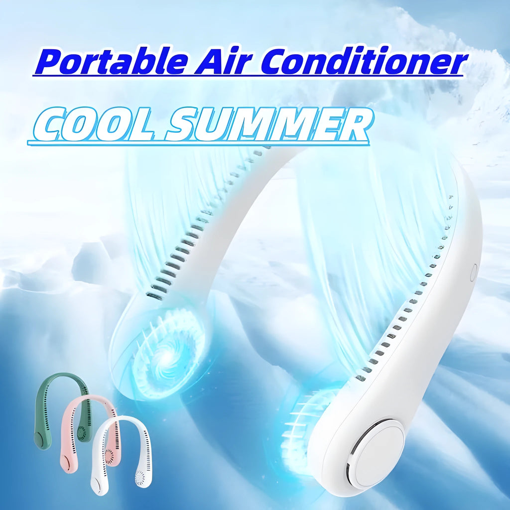 White bladeless rechargeable neck fan hanging on a person, showing its wearable design.