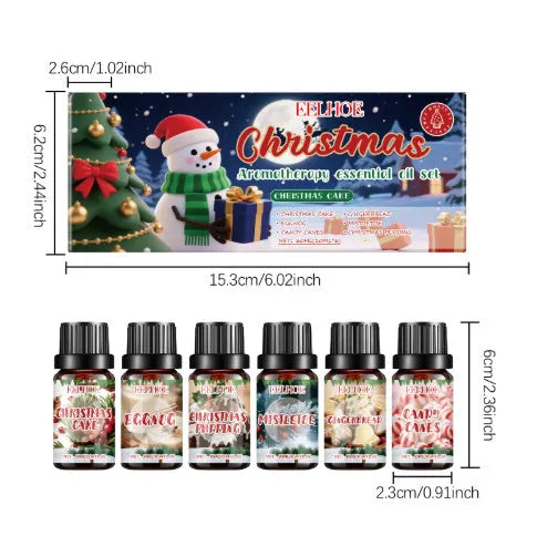Christmas aromatherapy oil set showing six glass bottles with two size options