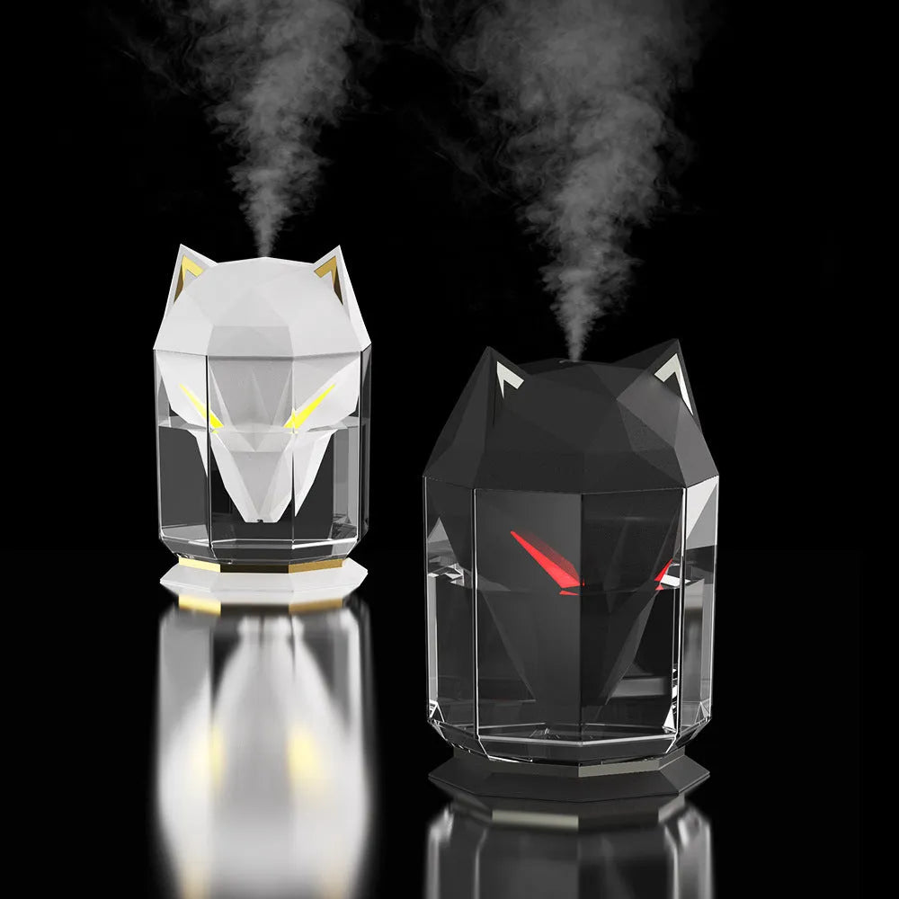 War Wolf Air desktop ultrasonic humidifier with colourful LED lights and USB cable.