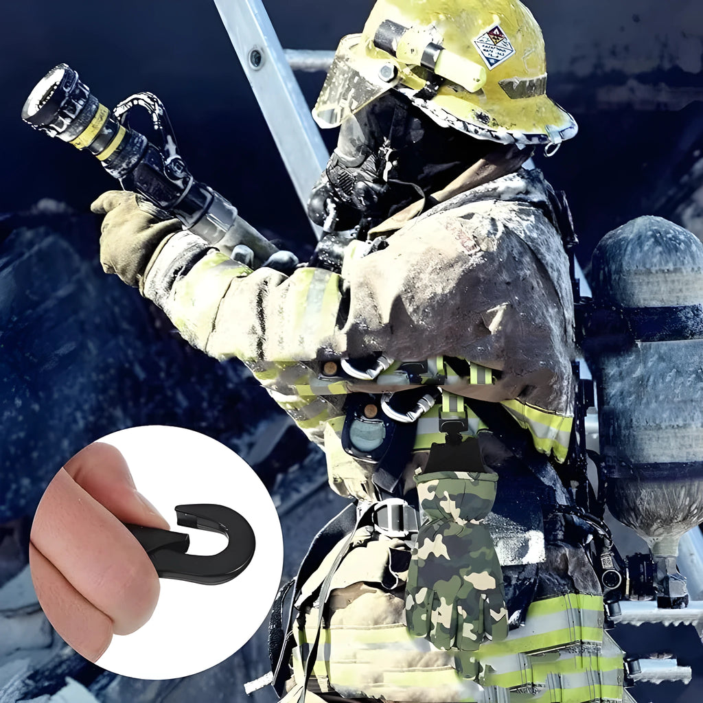 Fluorescent green universal safety clamp with metal buckle for fireman gloves.