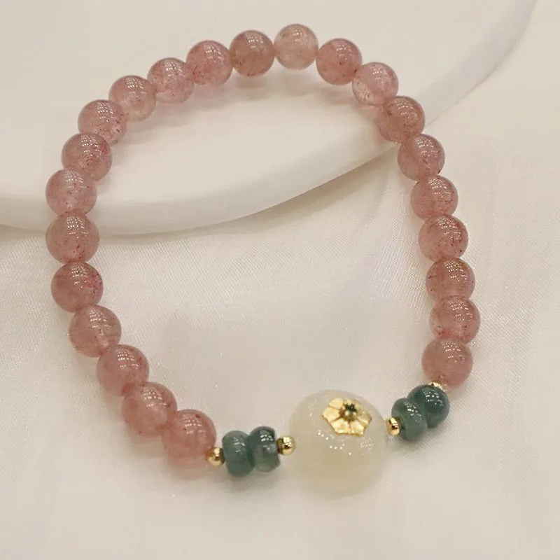 Women's strawberry quartz bracelet with blue water emerald round jade pendant geometric design