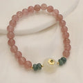 Women's strawberry quartz bracelet with blue water emerald round jade pendant geometric design