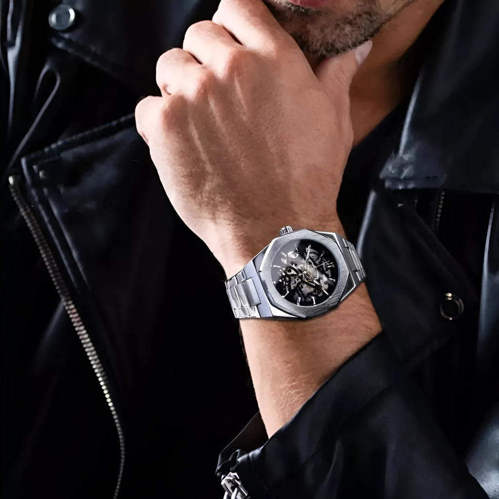 Men's mechanical automatic watch with skeleton dial, stainless steel case, genuine leather band, 41mm diameter