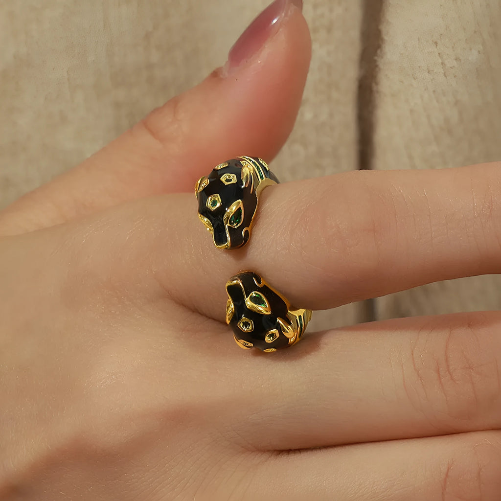 Black cheetah pattern geometric open ring for women in No 7 size