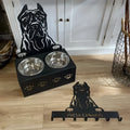 Personalised dog food bowl holder with ceramic bowl and custom name plate in iron holder