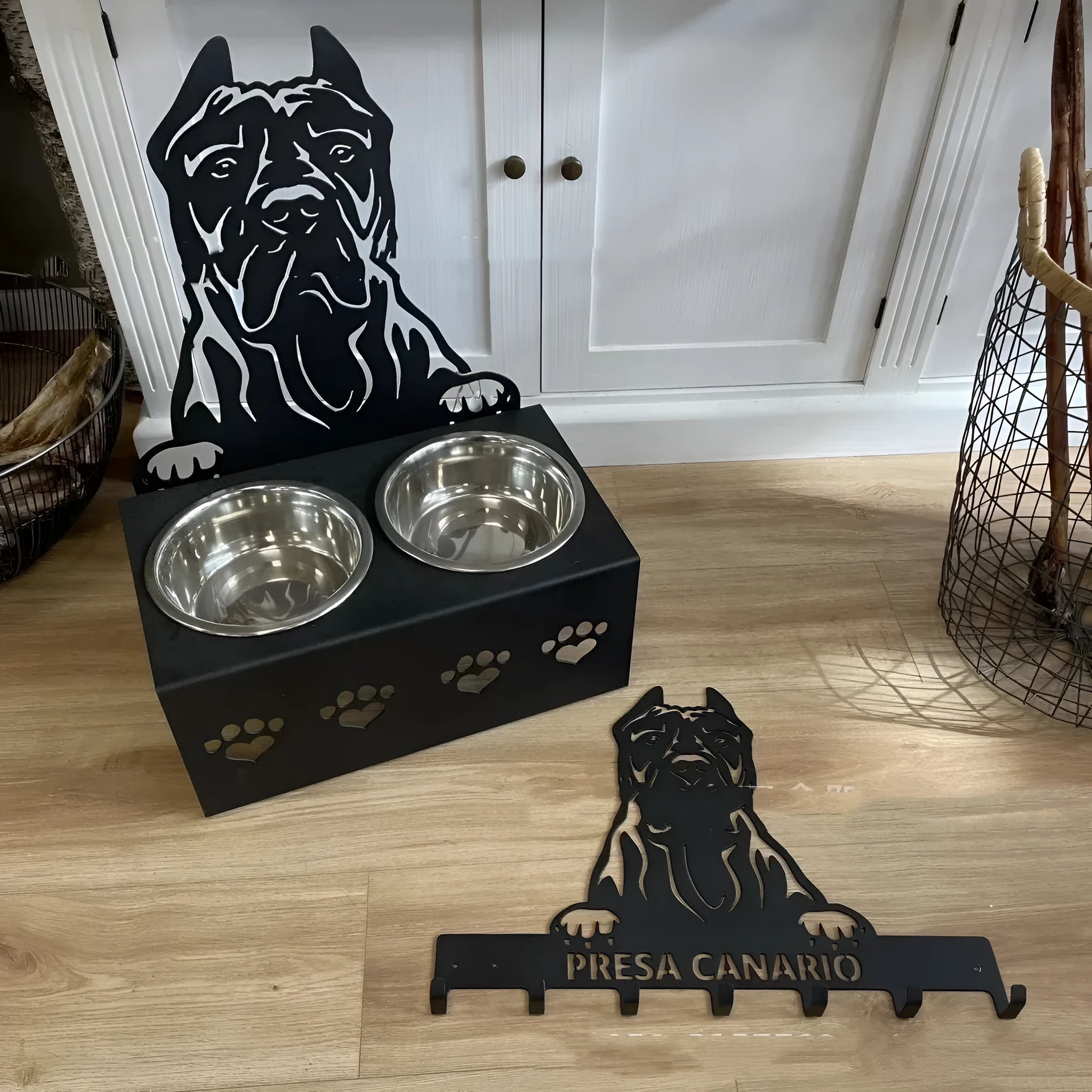 Personalised dog food bowl holder with ceramic bowl and custom name plate in iron holder