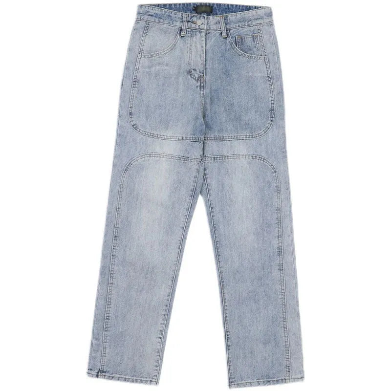 Blue cotton denim straight leg retro wash jeans for men and women, loose fit, middle waist