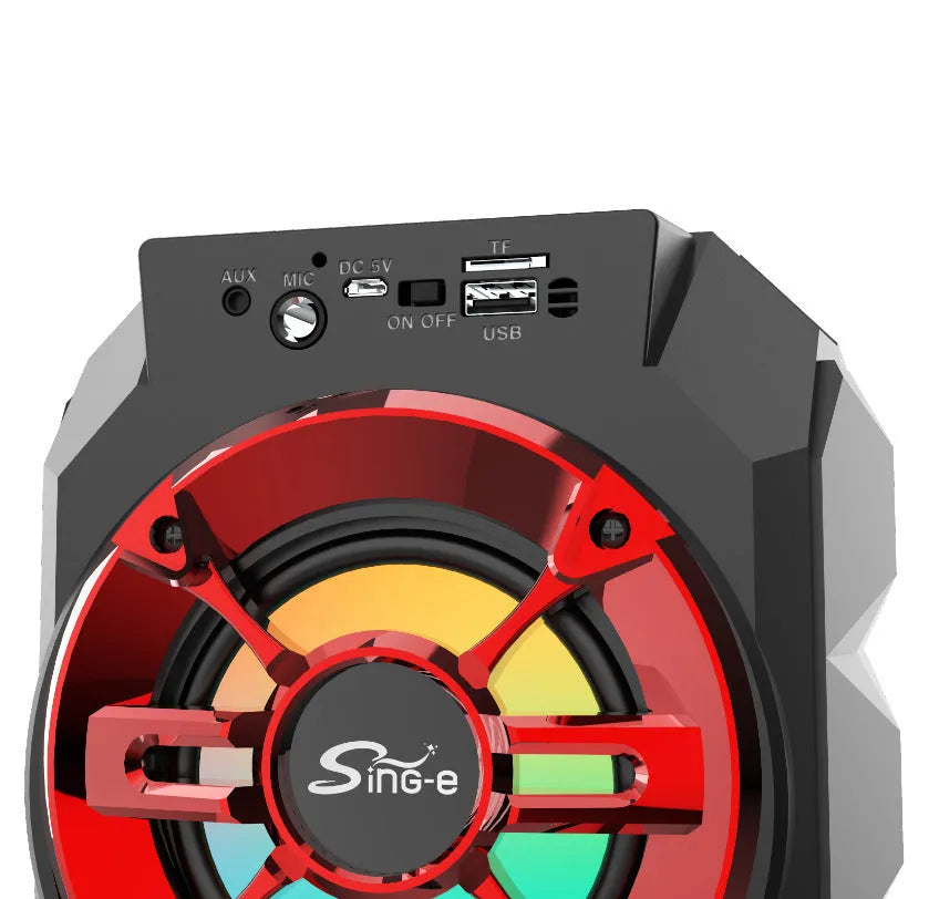 Portable Bluetooth speaker with colour lights and pull-rod handle in blue, red, or silver grey finish