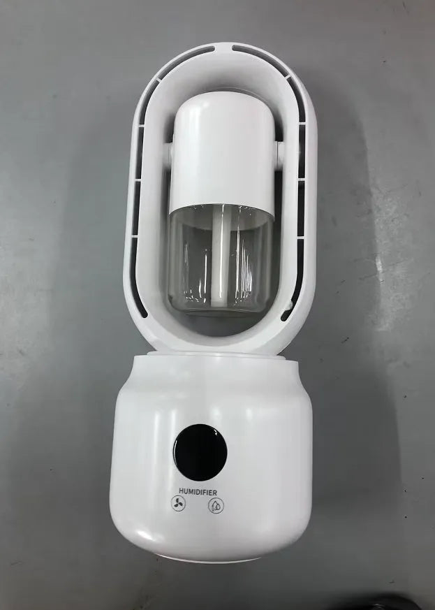 White bladeless USB rechargeable table fan with water tank and digital controls on a desk