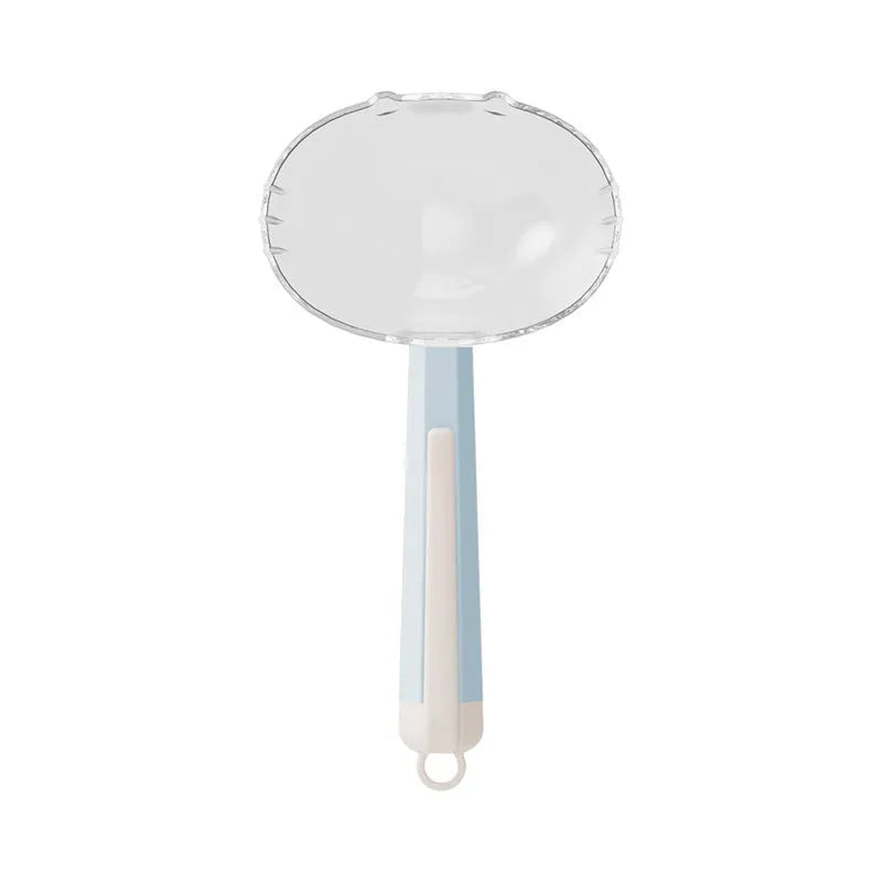 Pet food spoon with clip attached to dog food bag showing blue colour option