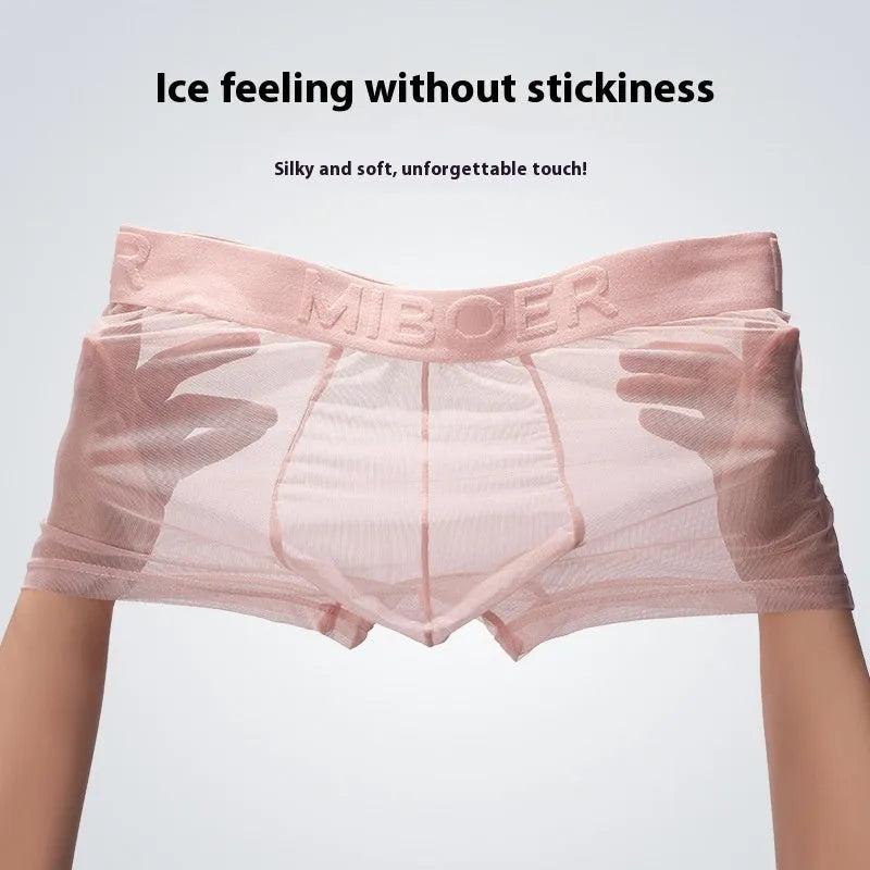 Men's thin invisible boxers in polyester knitting fabric, shown in black, white, sapphire blue, skin tone, green and pink colours.