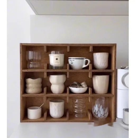 Solid birch wood cup storage rack with multiple square grids in natural meridian colour