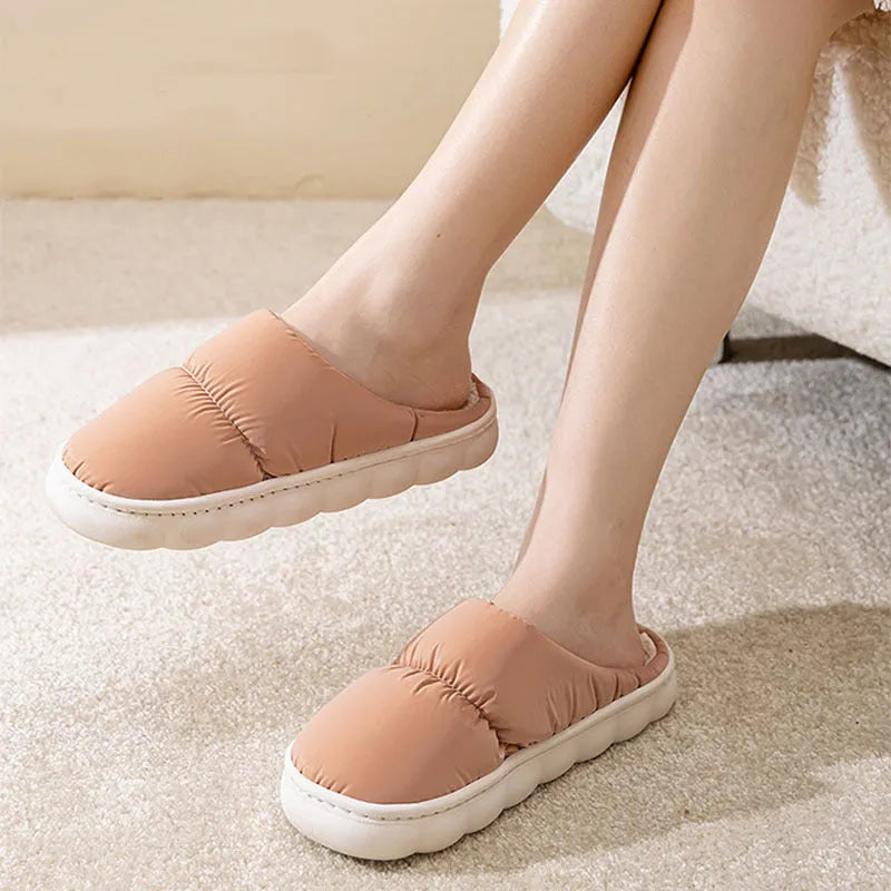 Down cotton slippers with artificial leather upper and rubber sole in blue colour