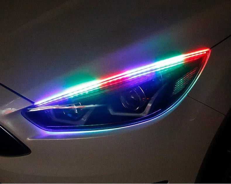 Remote-controlled RGB LED day running lights showing three length options for vehicle installation