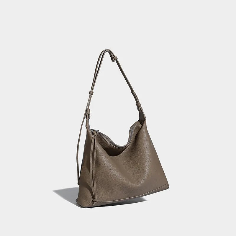 Soft PU leather large capacity messenger bag in caramel colour showing 36cm length dimensions
