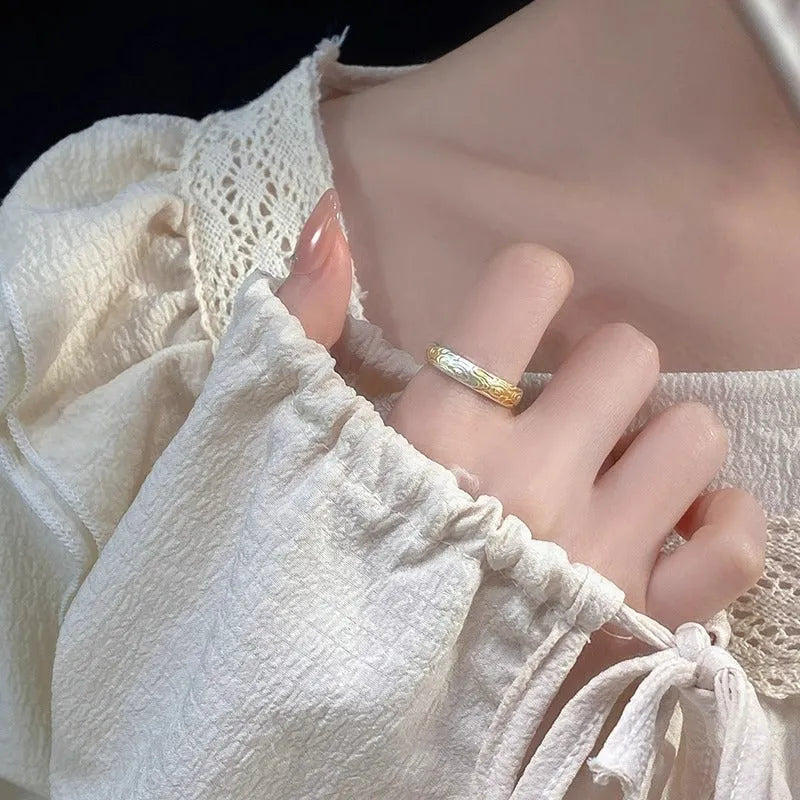 Geometric open mouth ring with Xiangyun pattern in silver gold electroplated finish