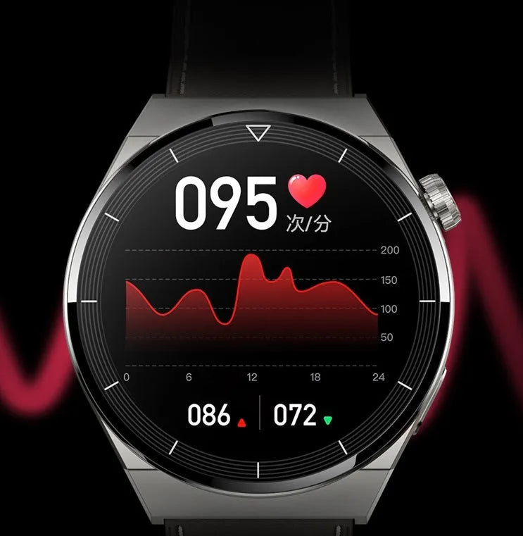 Black smart watch with round touchscreen on a silicone strap, showing call and NFC icons.
