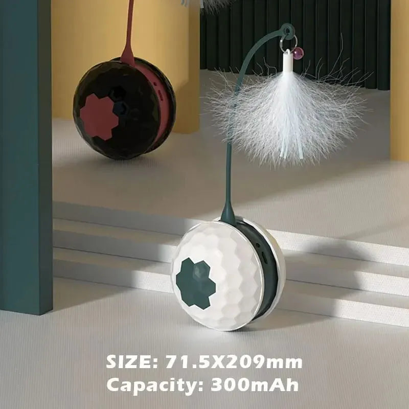 Red or white tumbler cat teaser toy with feather attachment, 71.5mm x 209mm, USB rechargeable