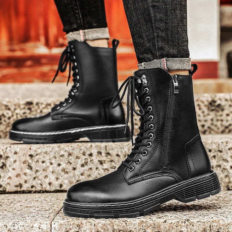 Men's black genuine leather high-top Martin boots with cotton lining and front lace-up, size 38-48