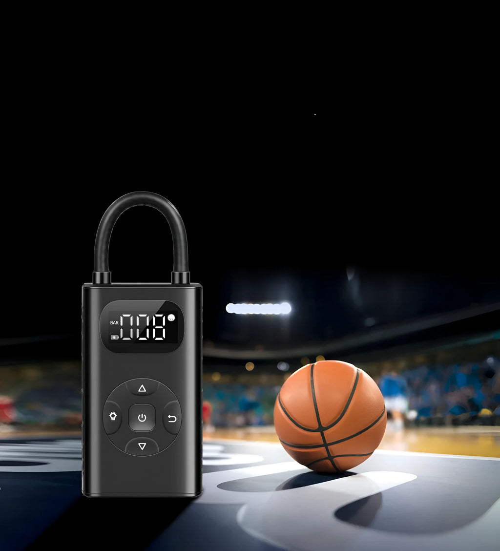 Black aluminium portable air compressor power bank for car and motorcycle tyre inflation.