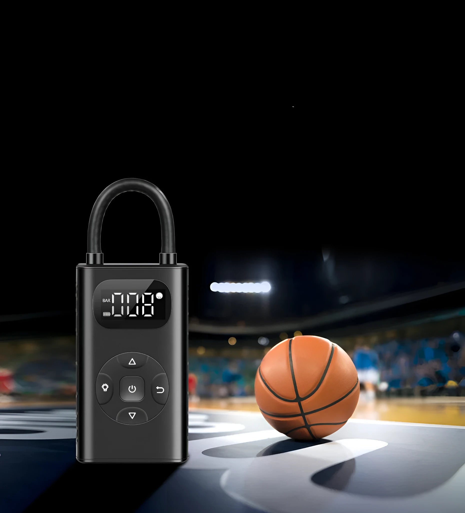 Black aluminium portable air compressor power bank for car and motorcycle tyre inflation.