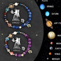 Two natural stone beaded bracelets with zodiac sign charms on a flat surface.