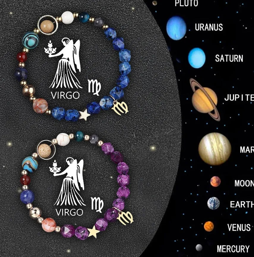 Two natural stone beaded bracelets with zodiac sign charms on a flat surface.