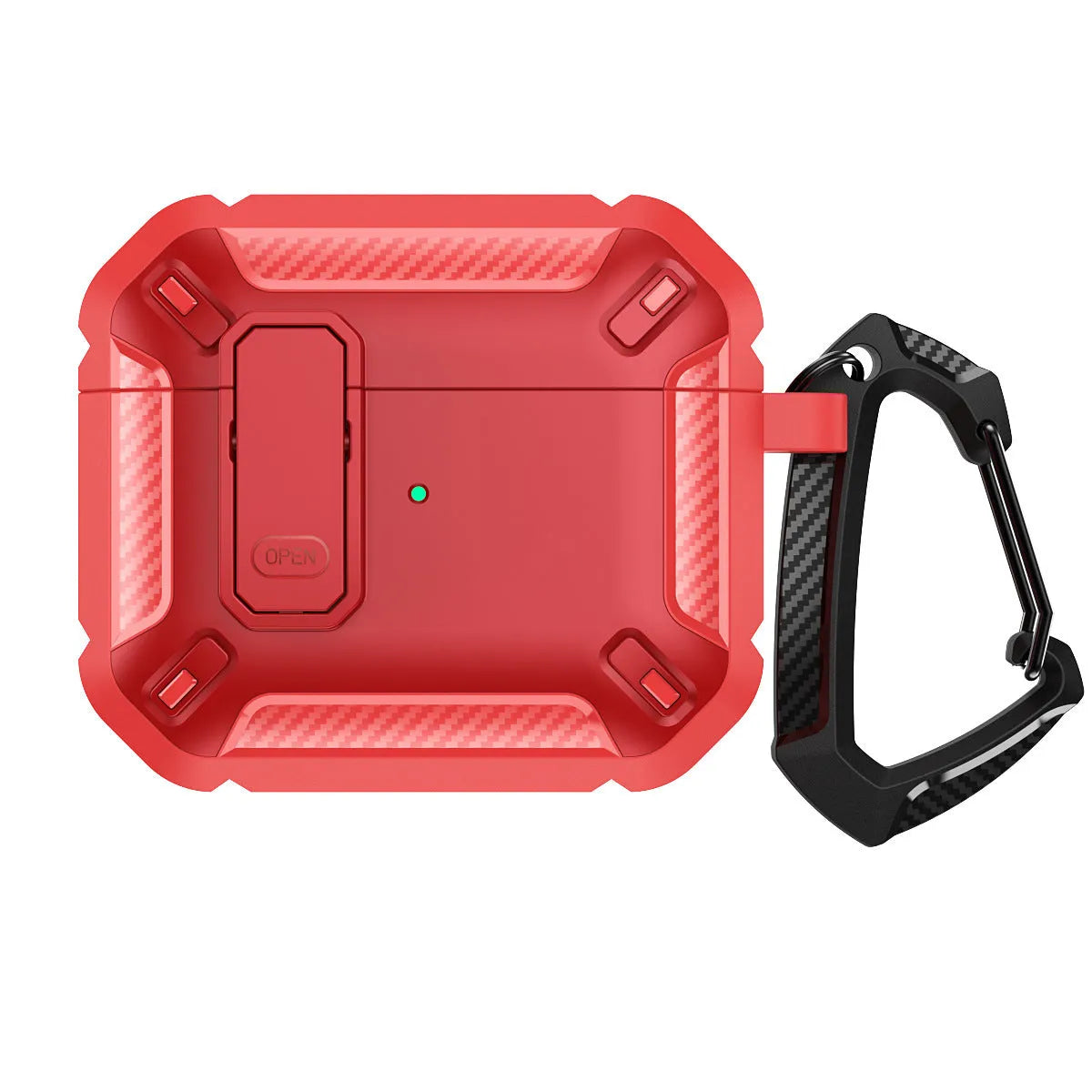 Hard plastic protective shell case with metal hook for Apple AirPods charging case in two-tone black and yellow.