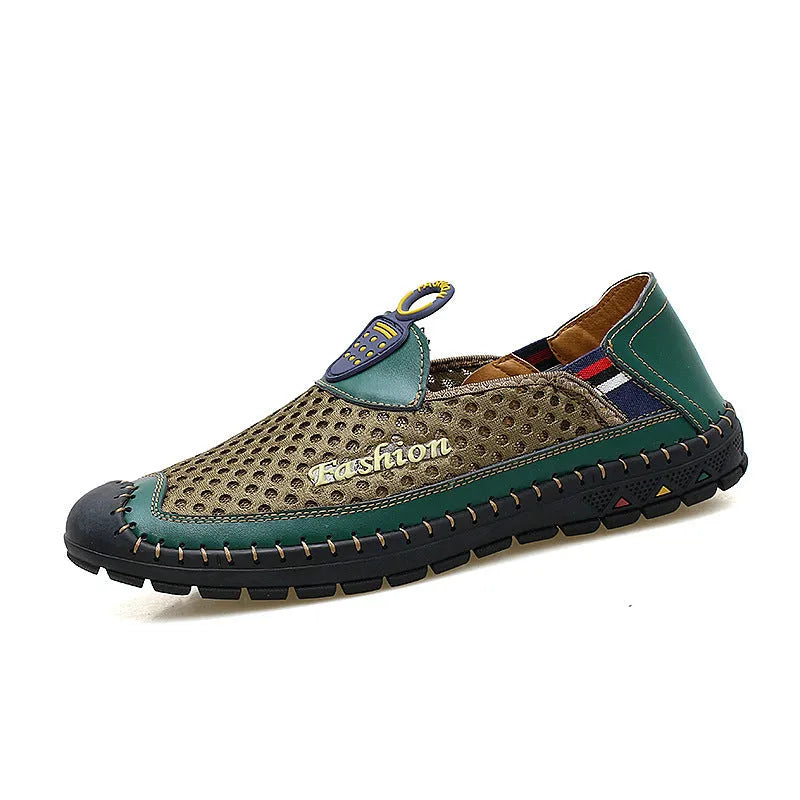 Men's brown casual mesh shoes with round toe and non-slip rubber sole.