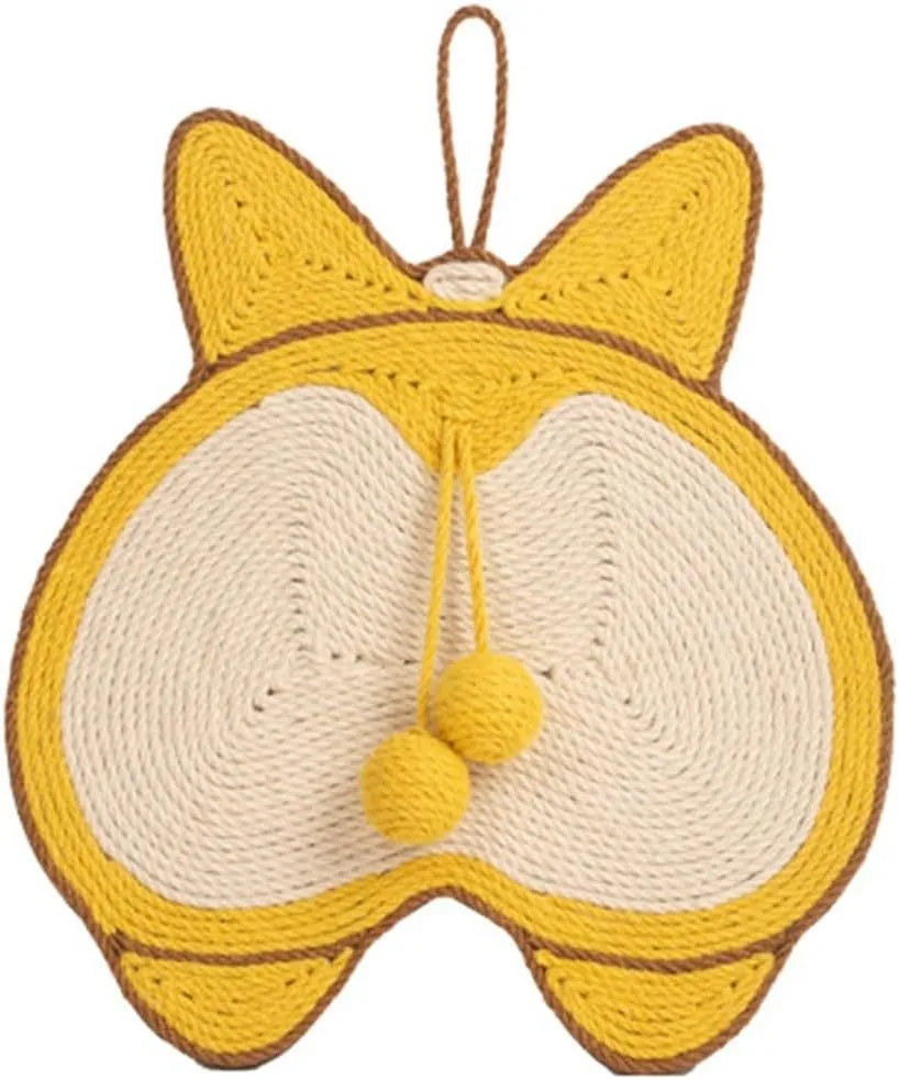 Yellow Corgi butt design sisal cat scratching board with anti-slip base and adhesive hooks