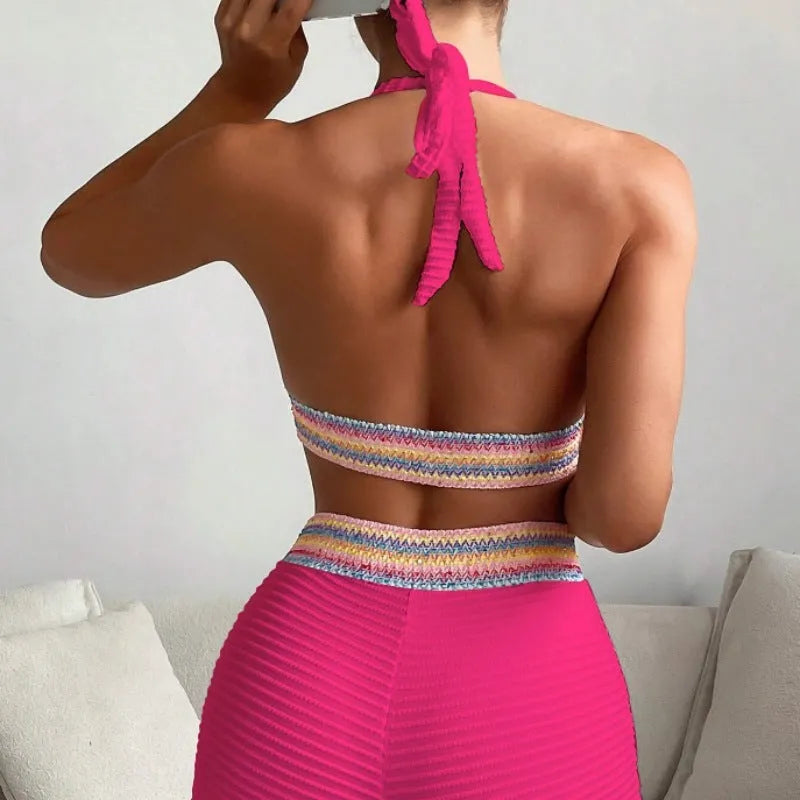 Women's high-waist split bikini swimsuit in polyester fabric