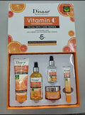 Vitamin C skin care product set with five hydrating and moisturising facial bottles in coordinating colour scheme