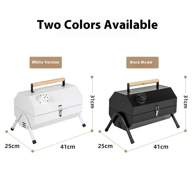 White round portable folding charcoal grill with chimney oven and two mesh racks for frying and baking.