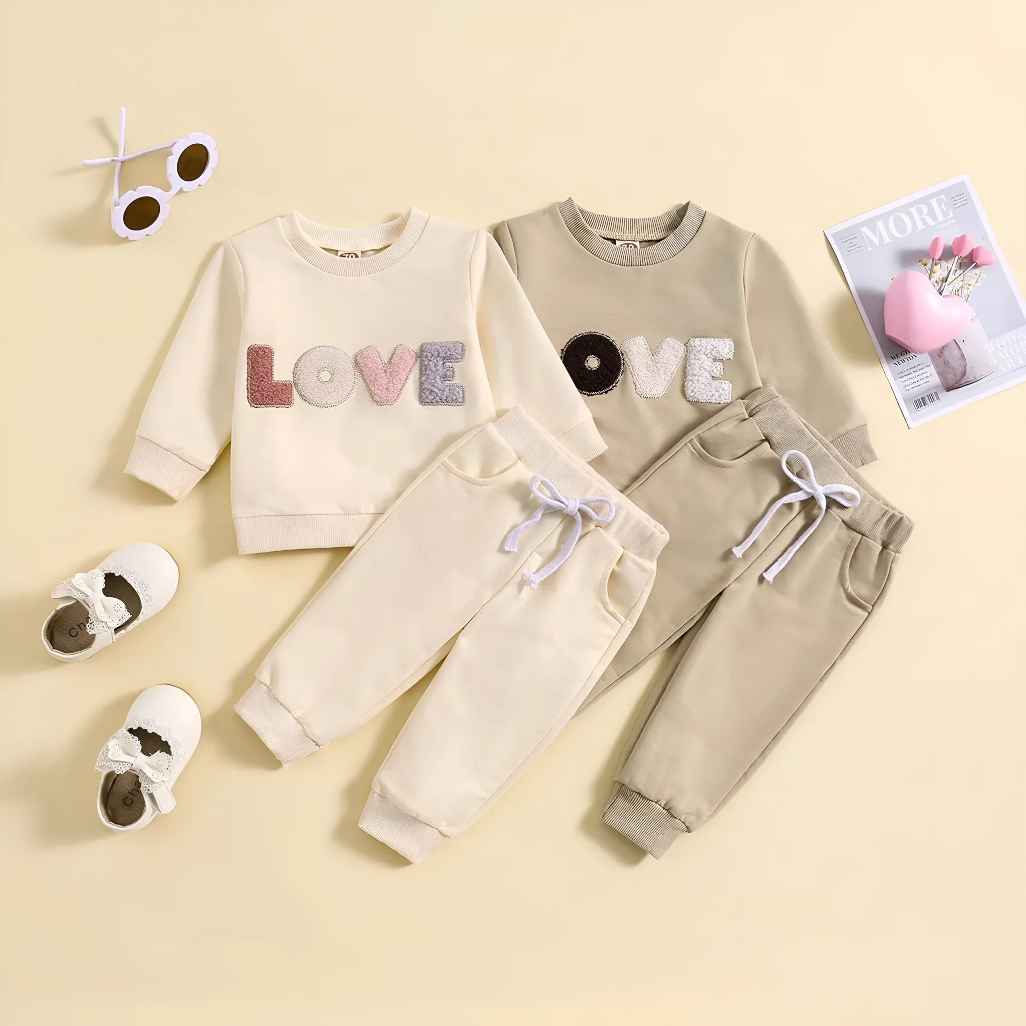 Fashion boys and girls spring autumn cotton suit with cartoon letter patterns in apricot and khaki