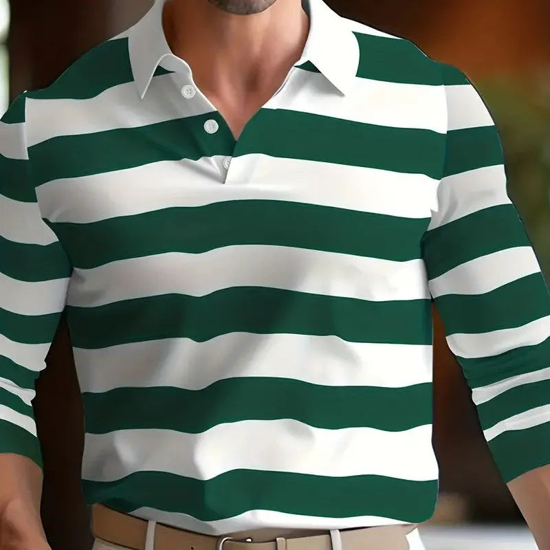 Men's long sleeve retro polo shirt with button-up front in a loose fit on a model.